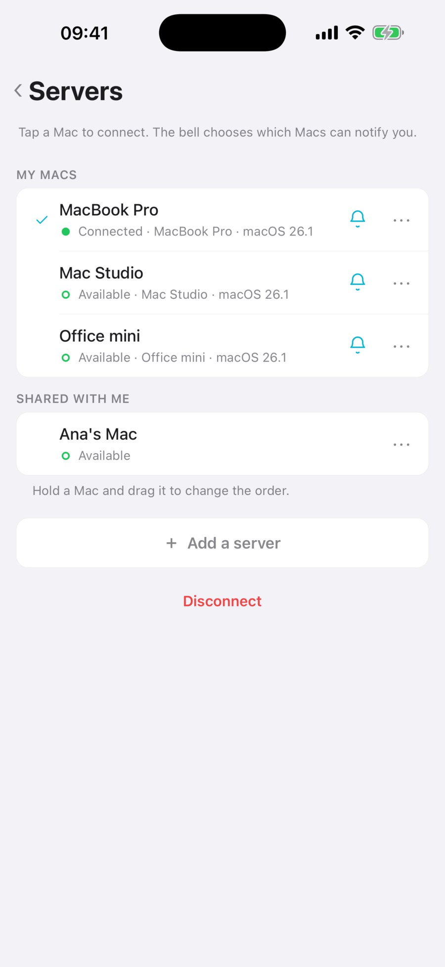 The app server list with paired Macs and a separate guest connection