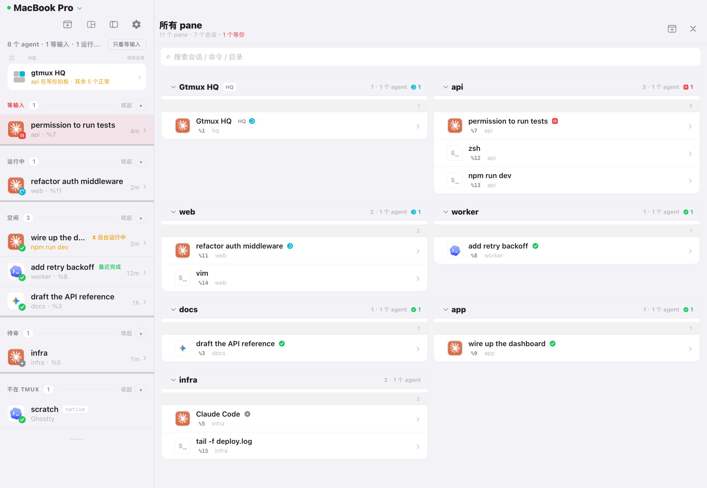 gtmux 的全部 pane 视图：按会话分组，agent 带状态标记
